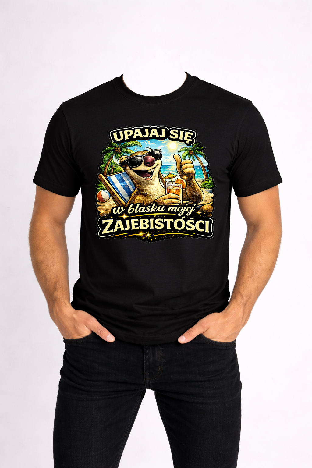 T-SHIRT MĘSKI KOSZULKA Z ZABAWNYM NADRUKIEM „Blask zajebistości”